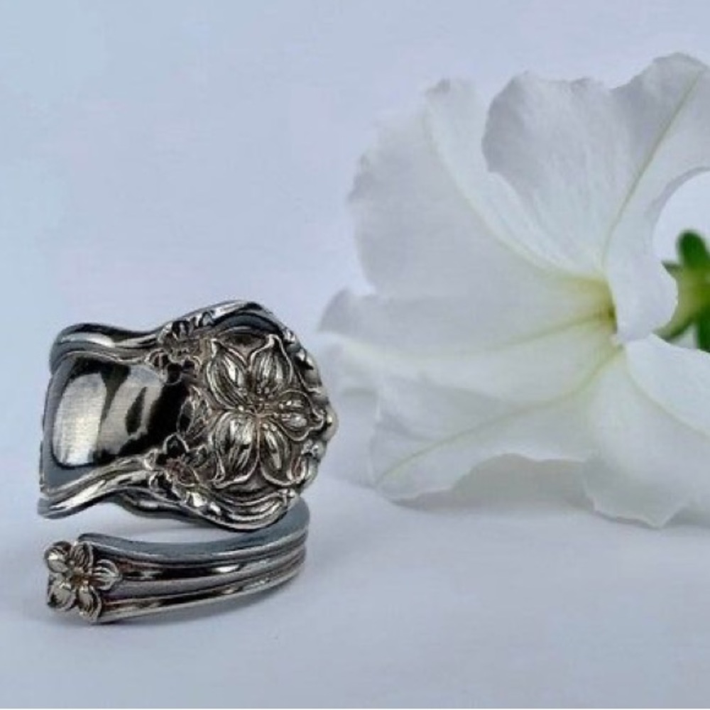 1910 Spoon Ring Orange Blosson Handcrafted Artisan Silverplate Vintage J…